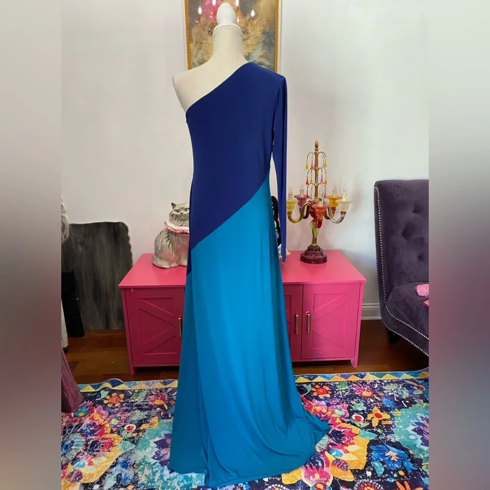 ❌SOLD❌HALSTON AJA GOWN SAPPHIRE BLUE TEAL ONE ARM LONG SLEEVE SOLD OUT SIZE 8 - Picture 11 of 12